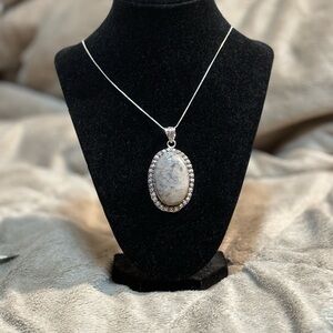 Elegant Silver Dendritic Agate/Quartz Pendant Necklace